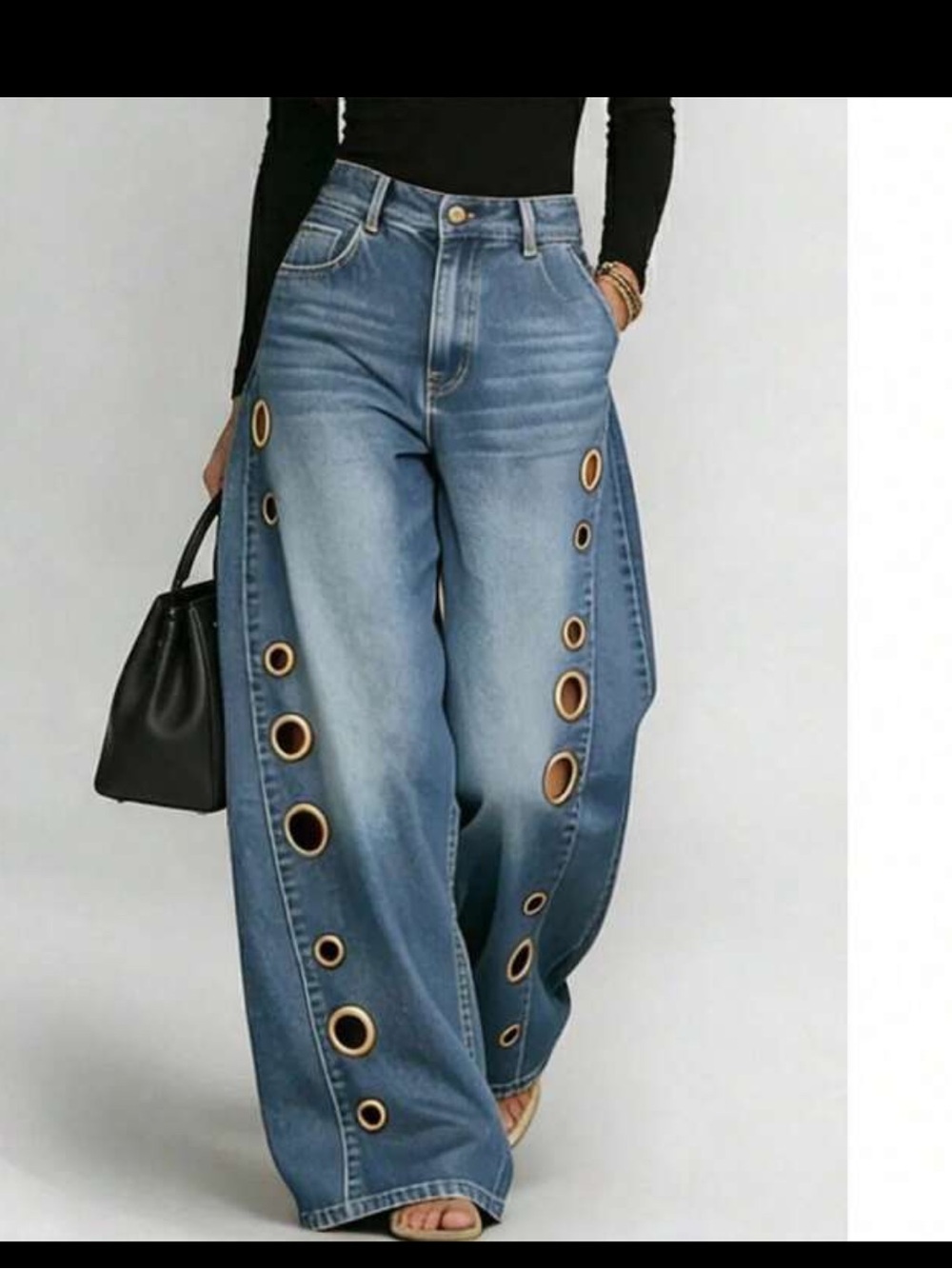 Bohemian Wash Wide-Leg Jeans with Grommet Side Trim